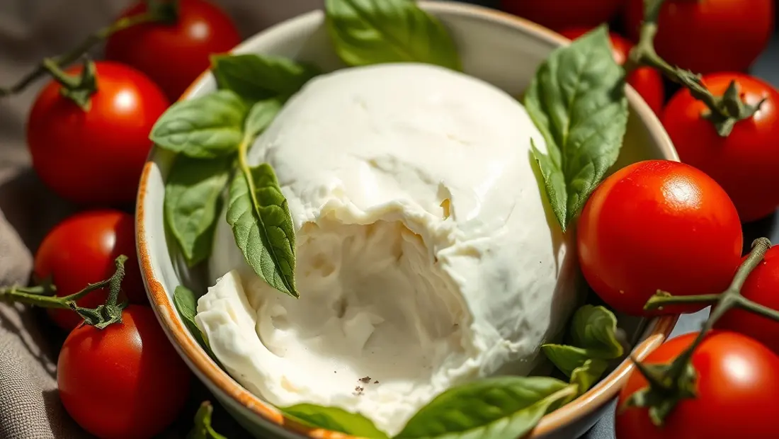 Burrata sur assiette avec feuilles de laurier et tomates
