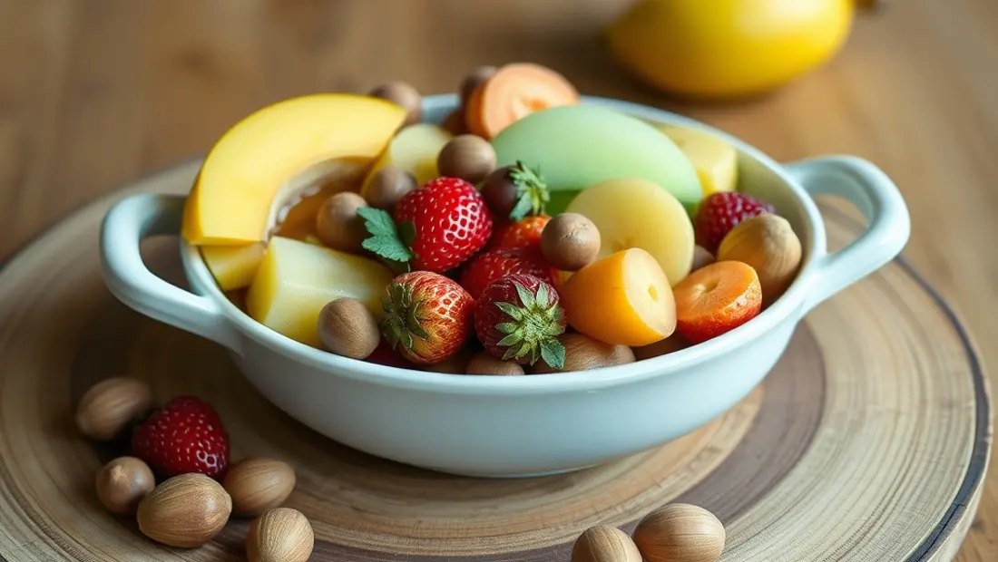 Fruits frais et noix sur une table de bois