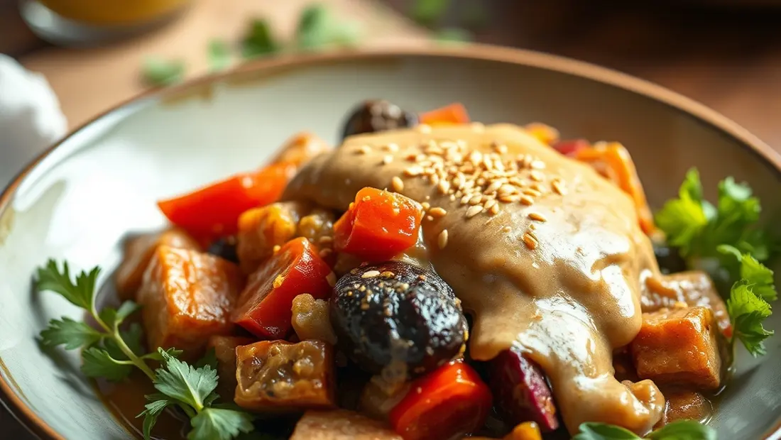 Plat végétalien avec sauce crémeuse et graines de sésame.