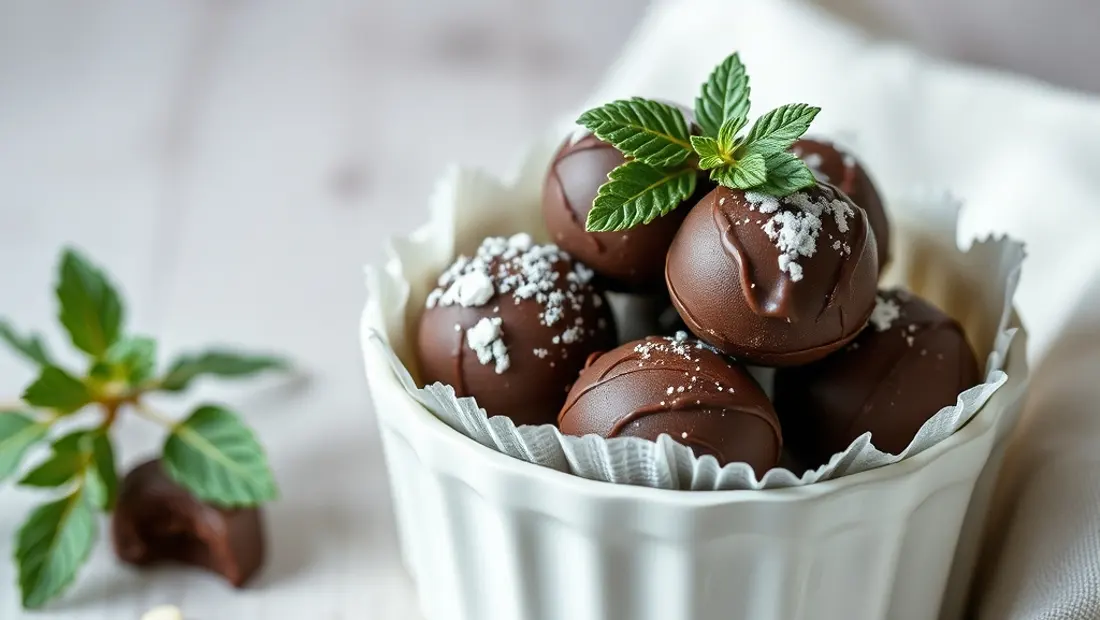 Truffes au chocolat et menthe fraîche sur une assiette.