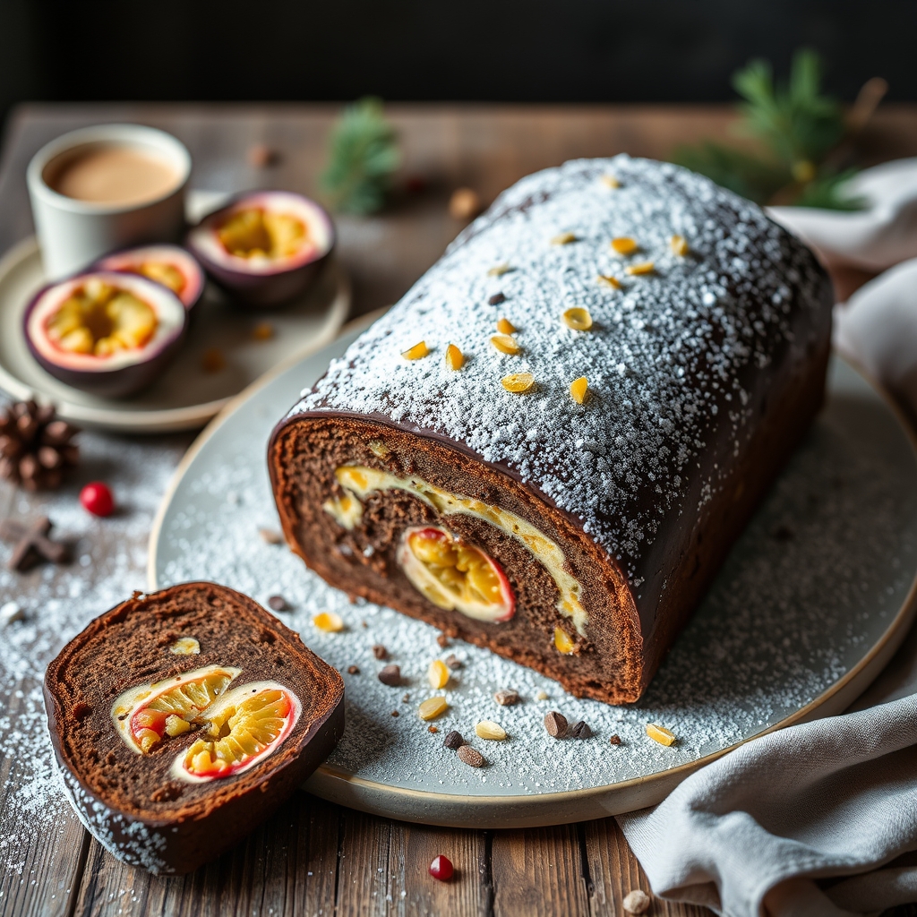 découvrez notre délicieuse bûche chocolat au lait et fruit de la passion, un dessert gourmand alliant douceur et fraîche