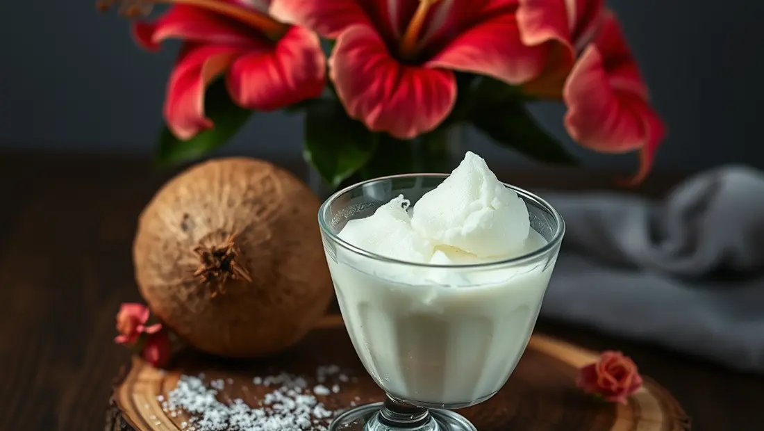 Glace à la noix de coco sur un plateau de bois.