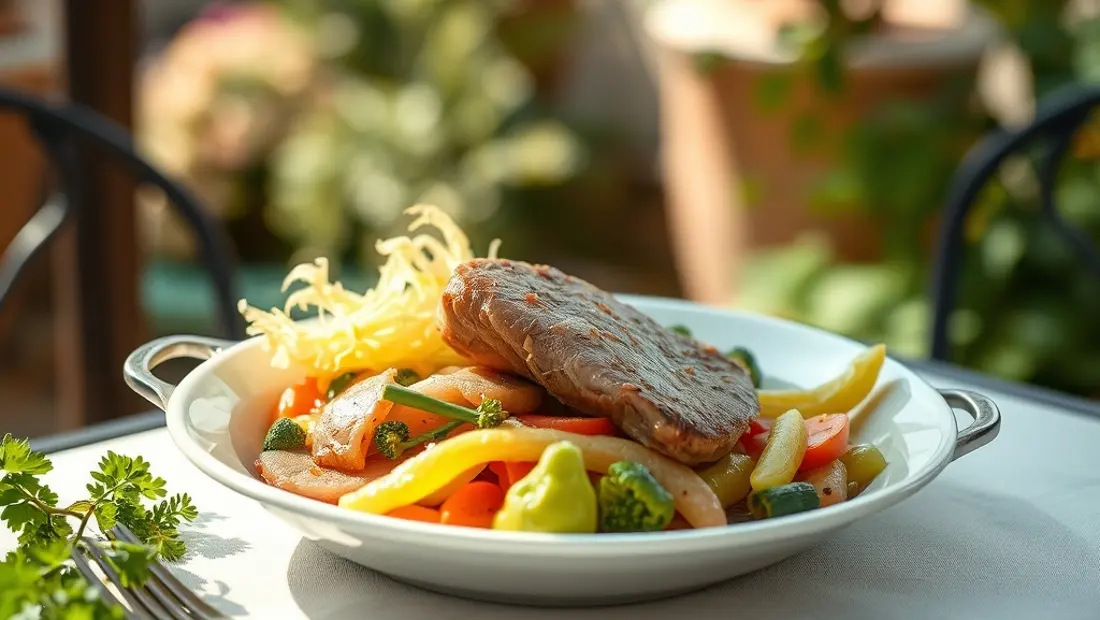 Viande et légumes sur une table de jardin