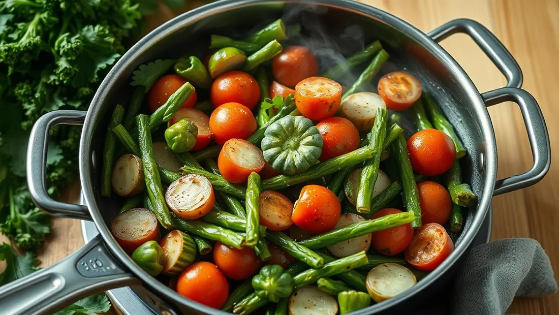 Légumes cuits à vapeur dans une poêle.