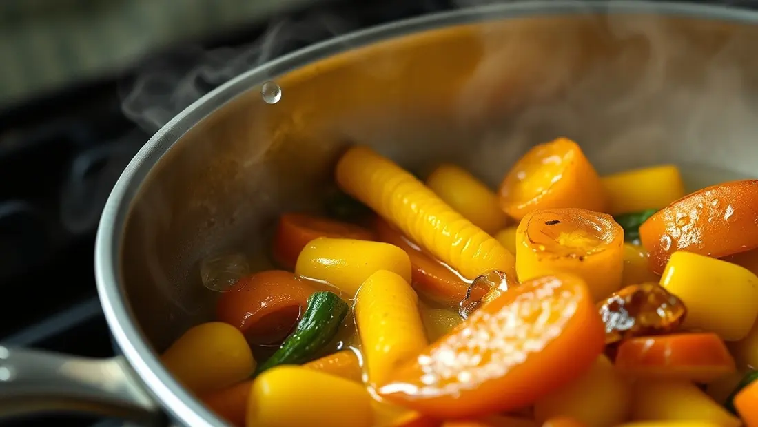 Vapeur et légumes cuits dans une poêle.