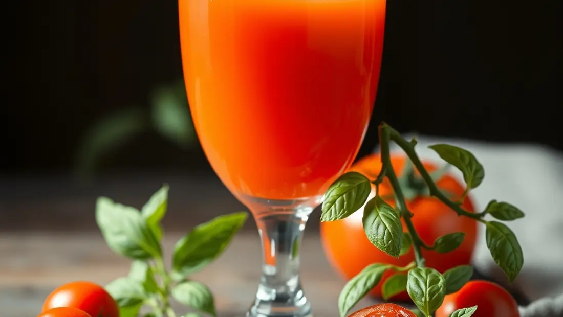 Jus de tomate frais avec tomate et basilic.