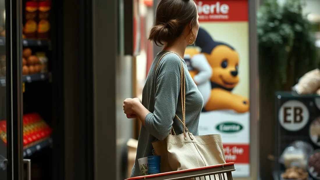 Femme avec panier et panneau de publicité