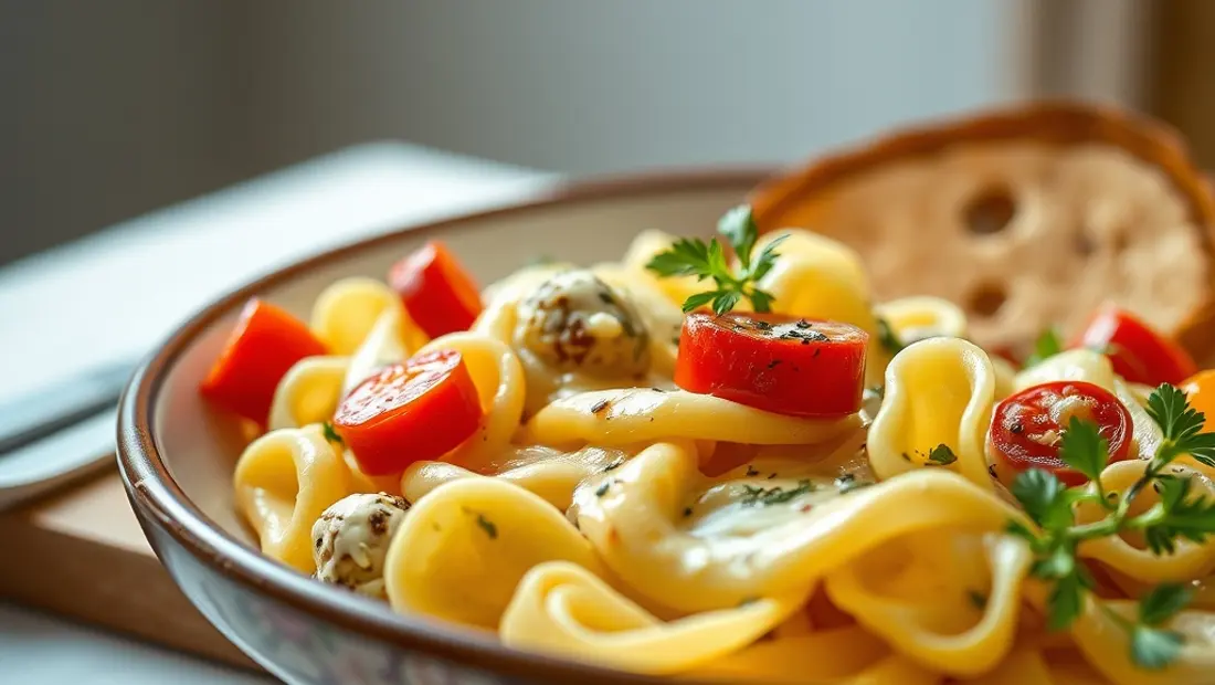 Pâtes avec sauce et légumes.