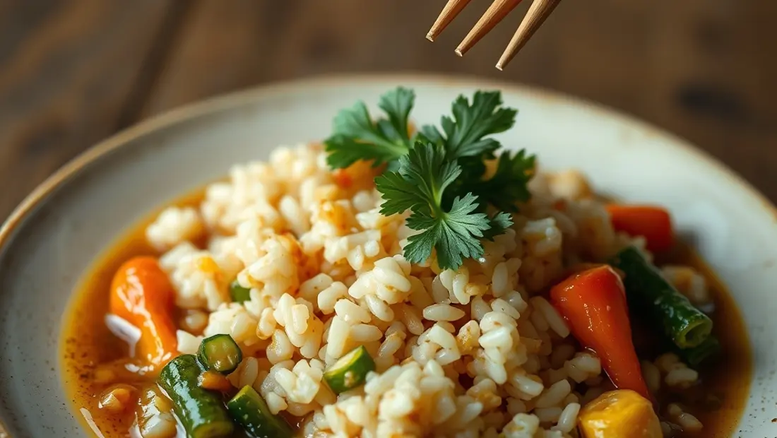 Nouilles de riz avec sauce de miso et légumes.