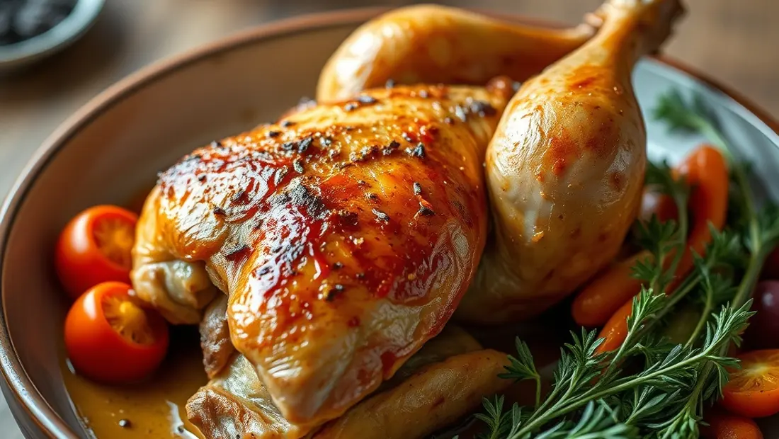 Cuisses de poulet rôties avec légumes et herbes.