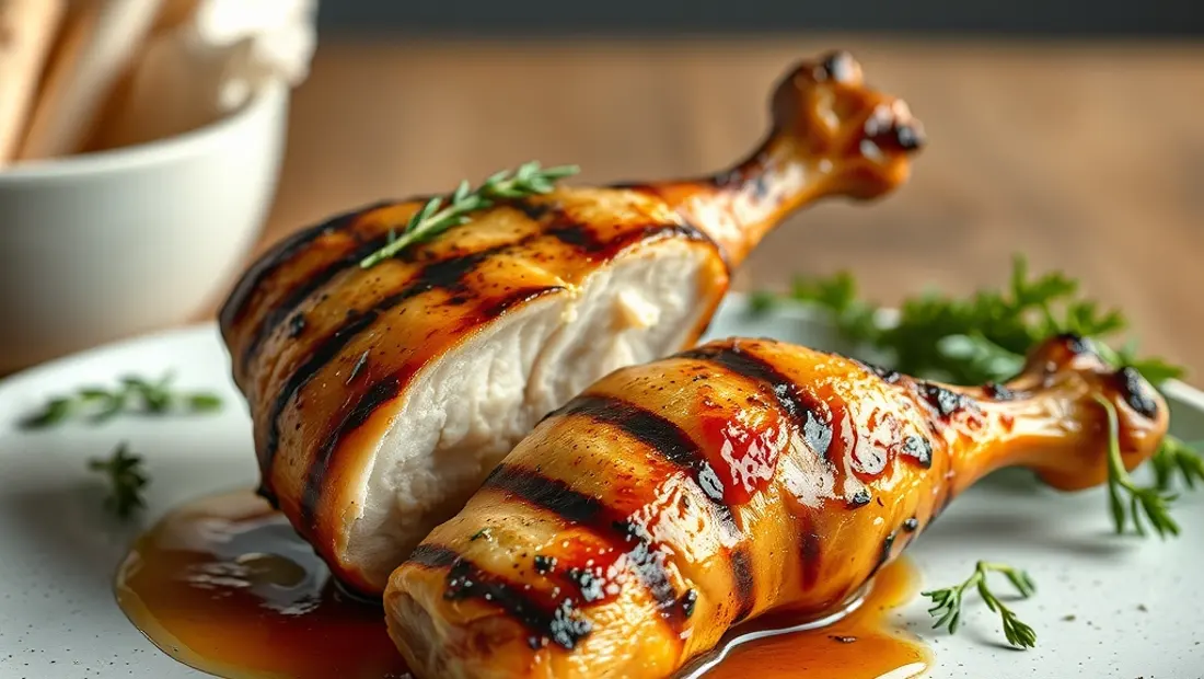 Cuisses de poulet grillées avec jus et herbes.