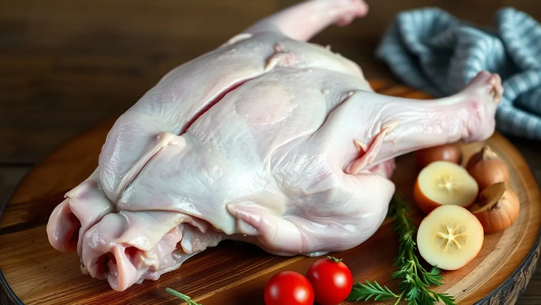 Tête de veau entière sur un plateau de bois.