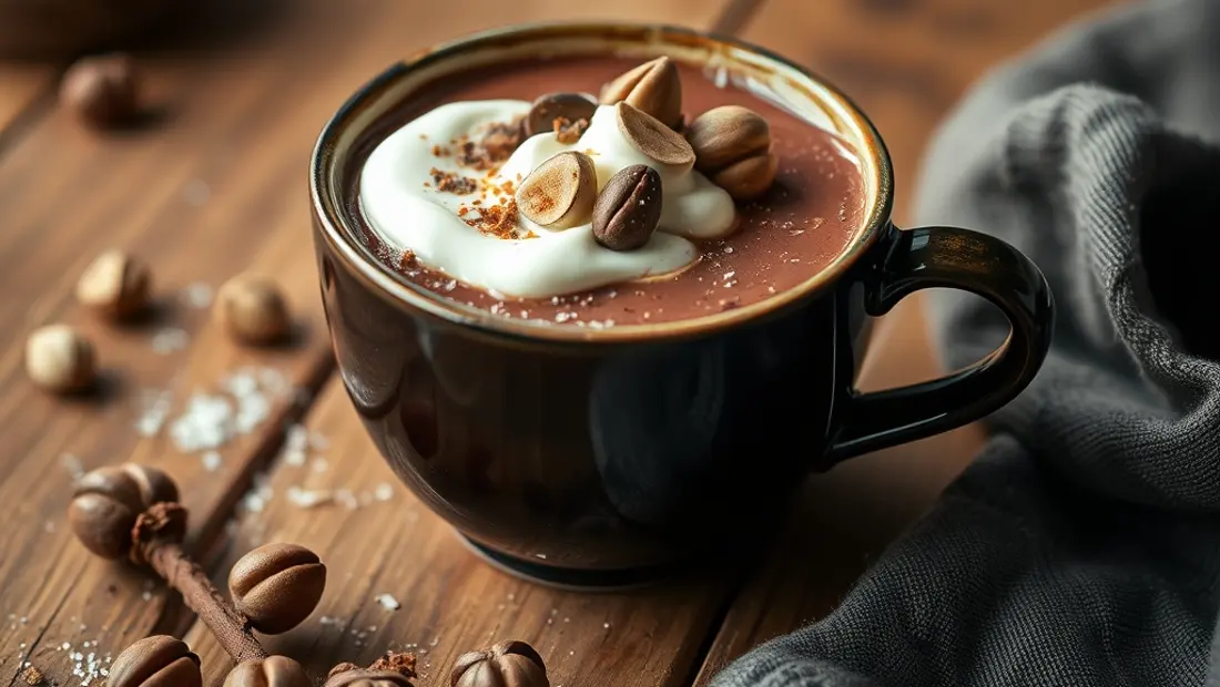 Chocolat chaud avec crème et noix de pacane