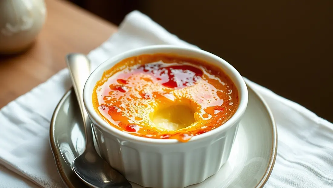Crème brûlée avec fourchette et cuillère.