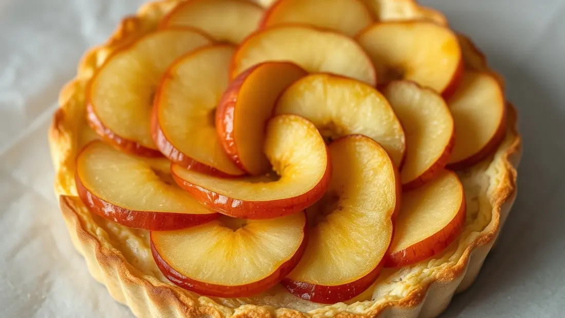 Couches de pâte et pommes coupées dans une tarte.