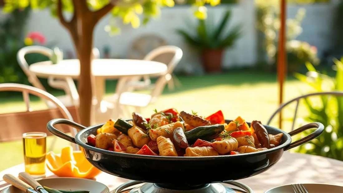 Paella espagnole sur une table de jardin