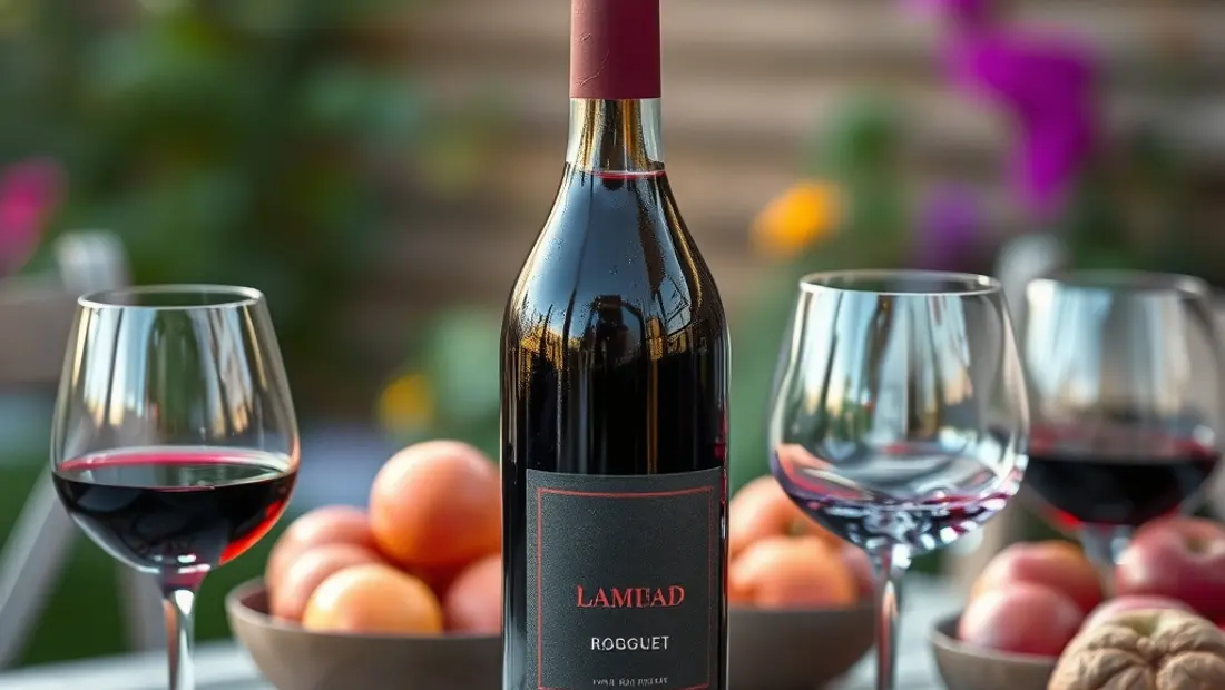 Bouteille de vin rouge ouverte sur une table de jardin.