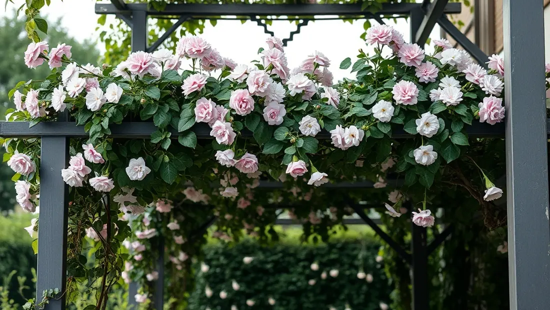 Pergola couverte d'une bache métallique avec fleurs et feuilles