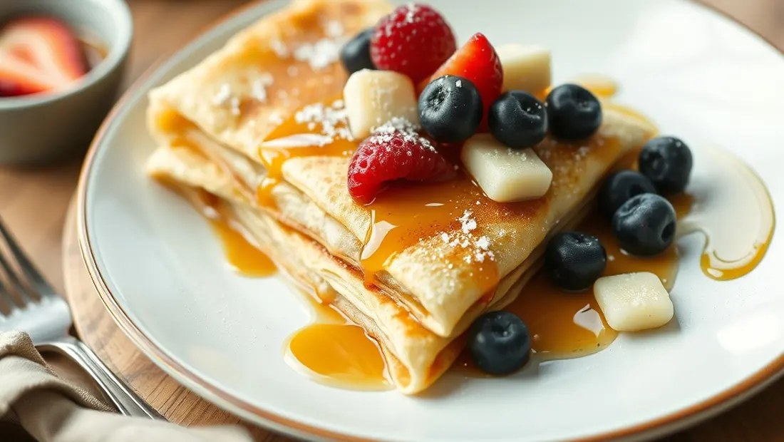 Crêpes garnies de fruits et de sirop.