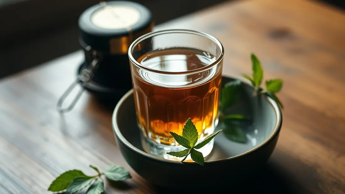 Assiette avec élixir et menthe.