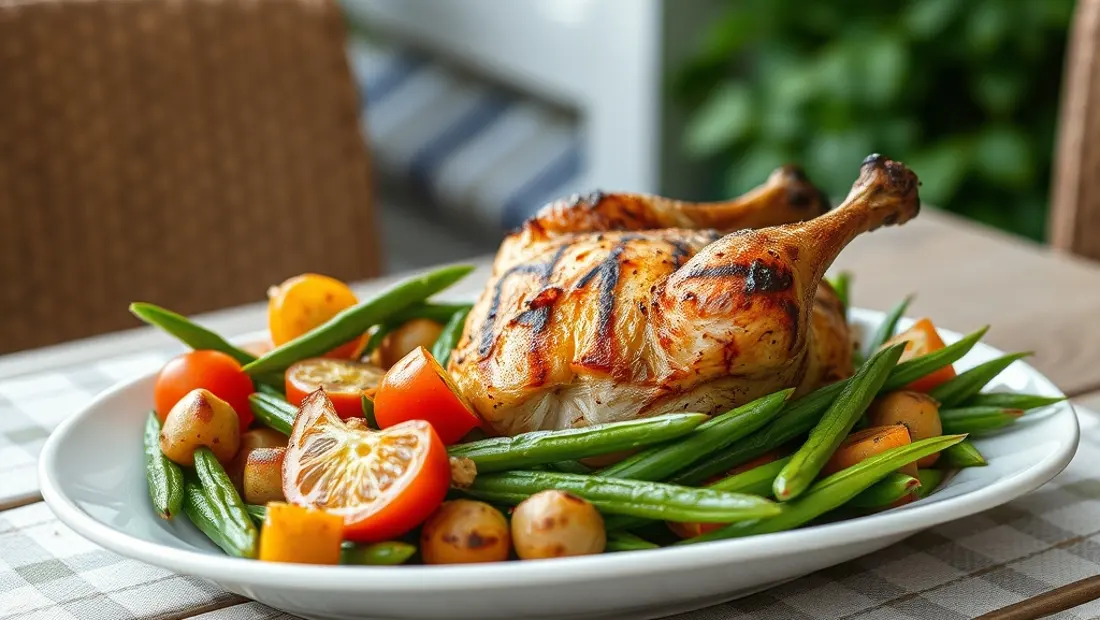 Poulet grillé et légumes sur une table de jardin