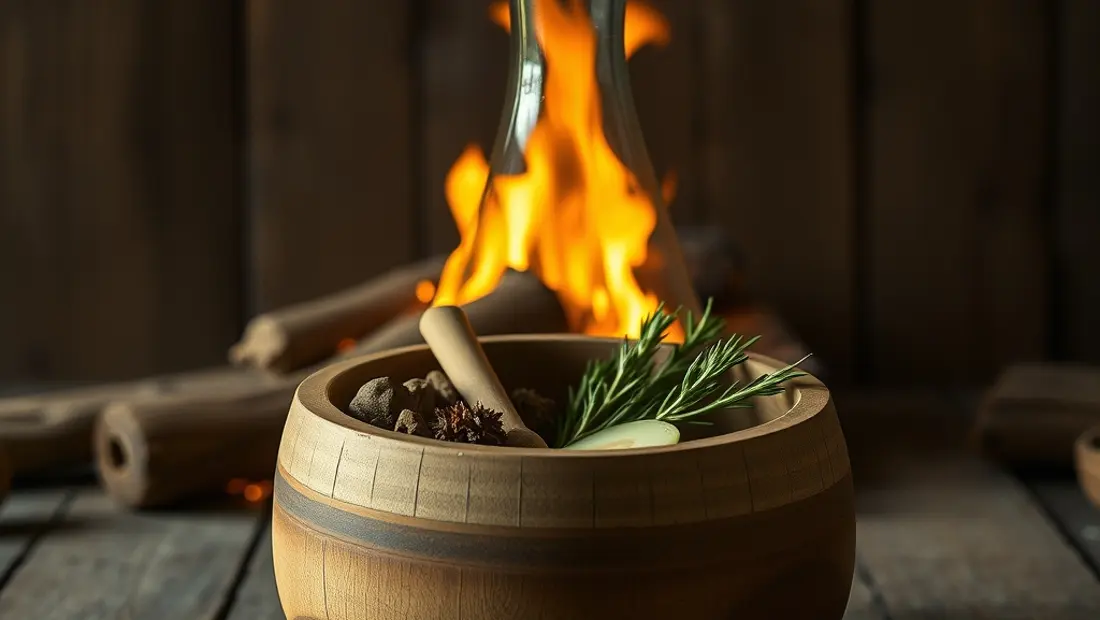 Cuve de bois avec feu et ingrédients.