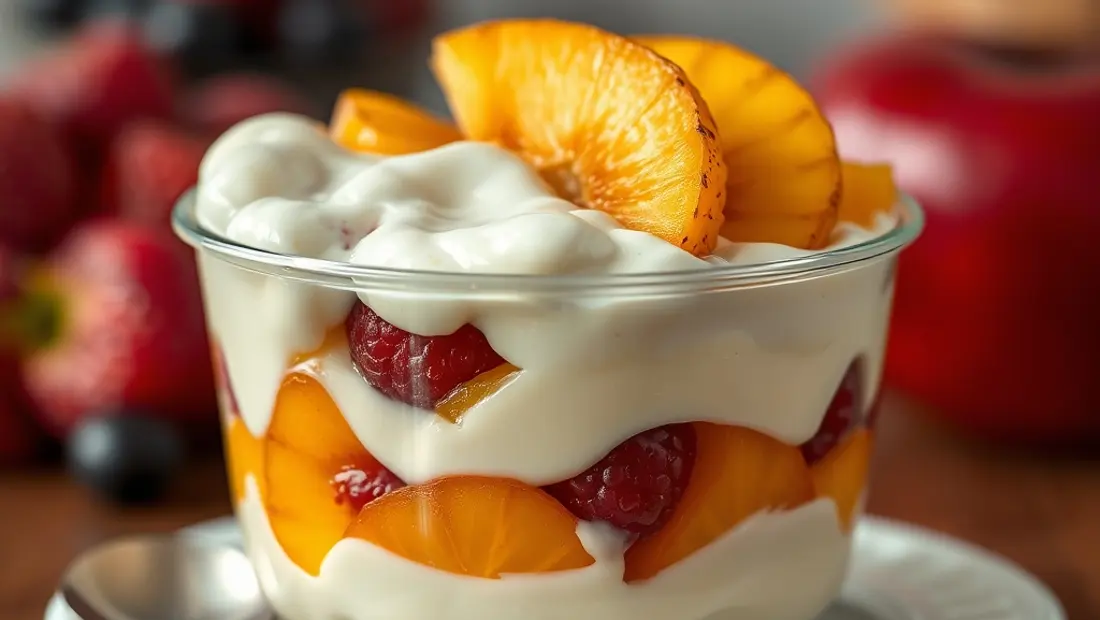 Couches de crème glacée et de fruits dans un bol de tupperware
